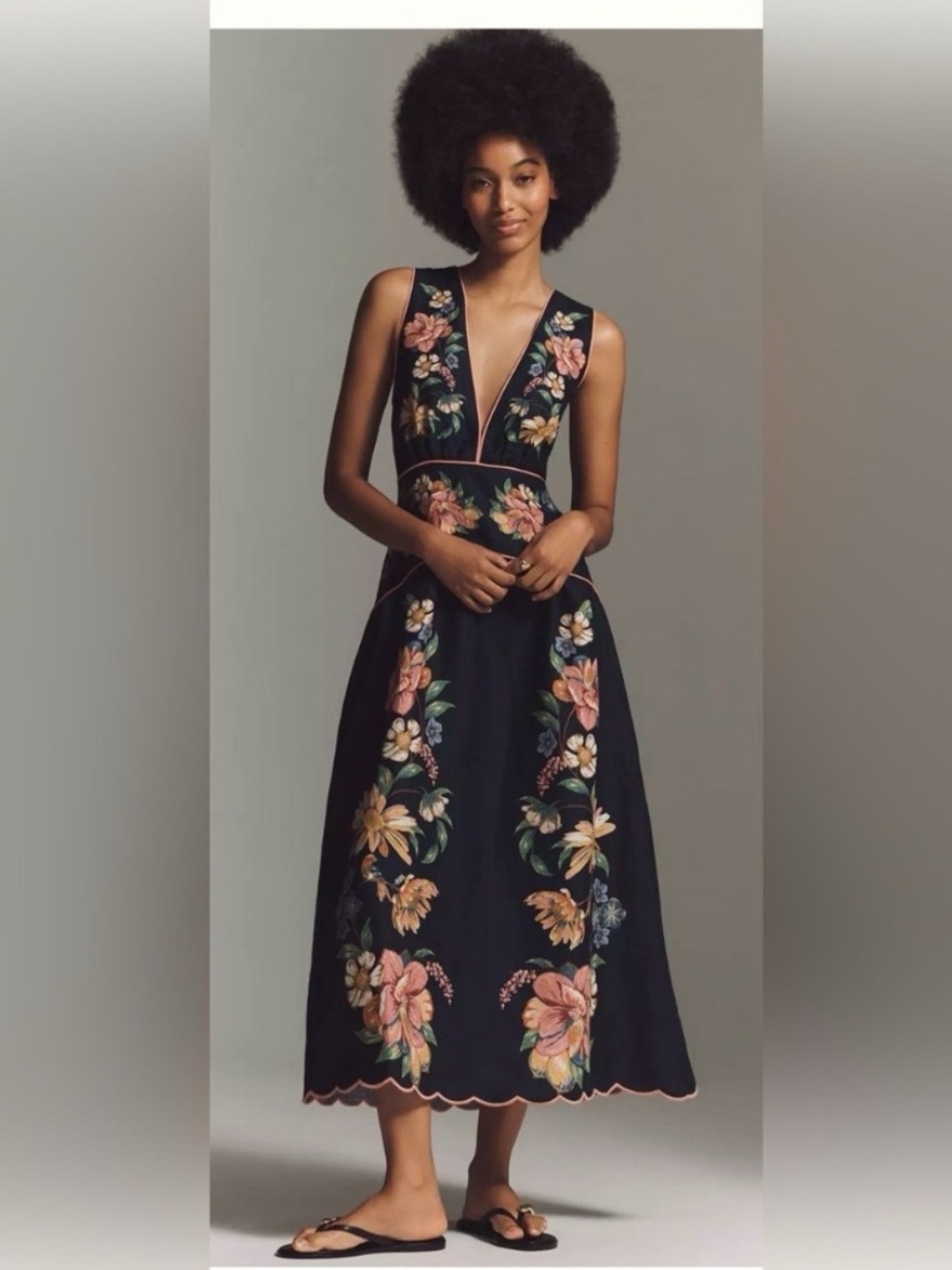 FARM Rio Black Midi Dress with Pink & Yellow Floral Embroidery